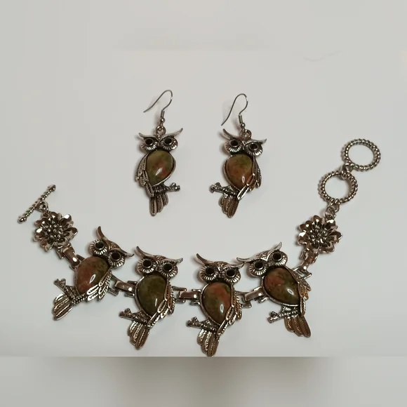 Unakite Owl Jewelry Set - Picture 1 of 5